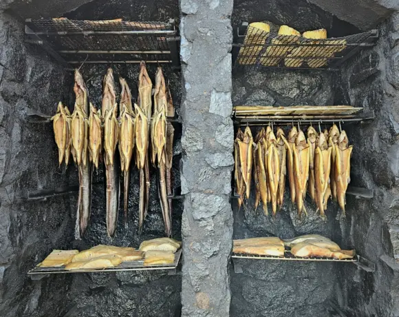 Wędzone ryby i sery wiszące i leżące w wędzarni z kamienia