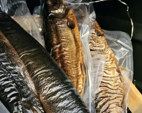 Zbliżenie na zawartość lodówki z hermetycznie zapakowanymi wędzonymi rybami