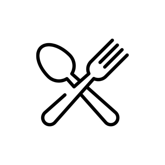 Gekreuzte Gabel und Löffel, schlichtes schwarzes Restaurantsymbol auf weißem Hintergrund