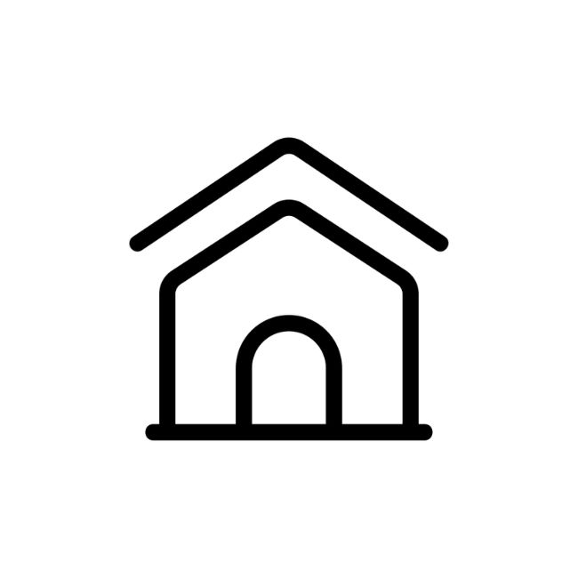 Schwarzes Haus-Symbol mit doppeltem Dach und rundem Eingang, das Unterkunft symbolisiert.