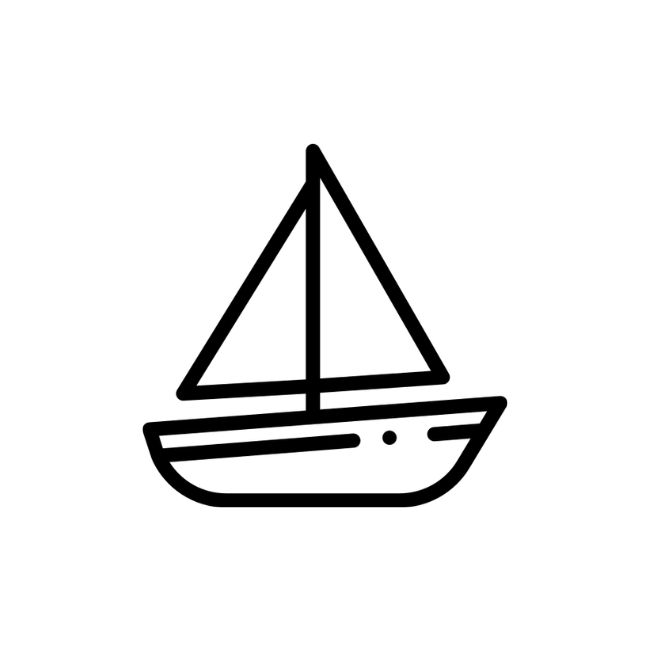 Schwarze Linienikone eines Segelboots mit Rumpf, einem Mast und dreieckigem Segel