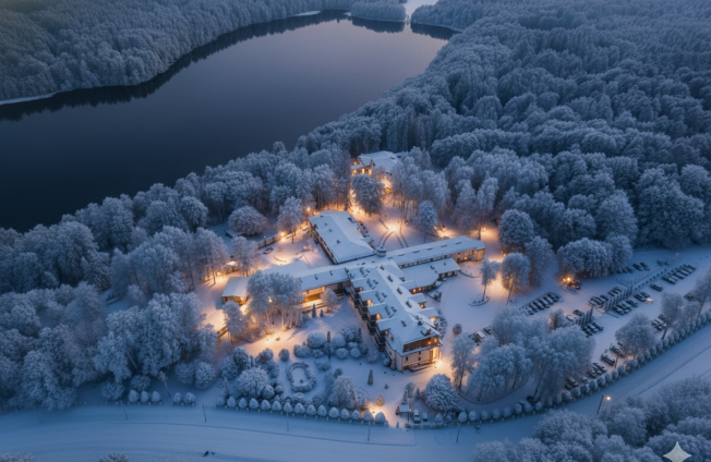 Schneebedecktes Hotel am See bei Dämmerung, beleuchtetes kreuzförmiges Haupthaus, beleuchtete Wege und geparkte Autos