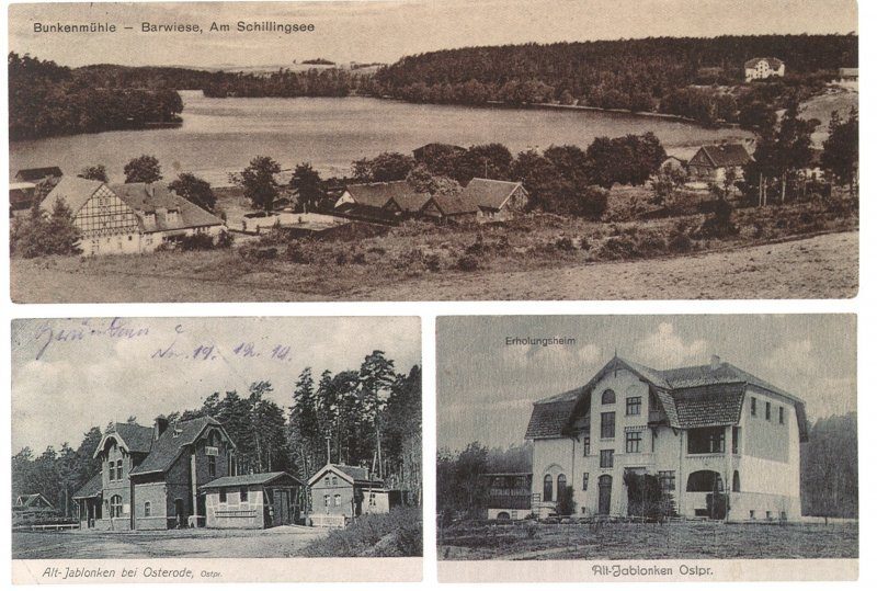 Panoramablick auf Seeufer mit Fachwerkhäusern und zwei historischen Gästevillen am Waldrand