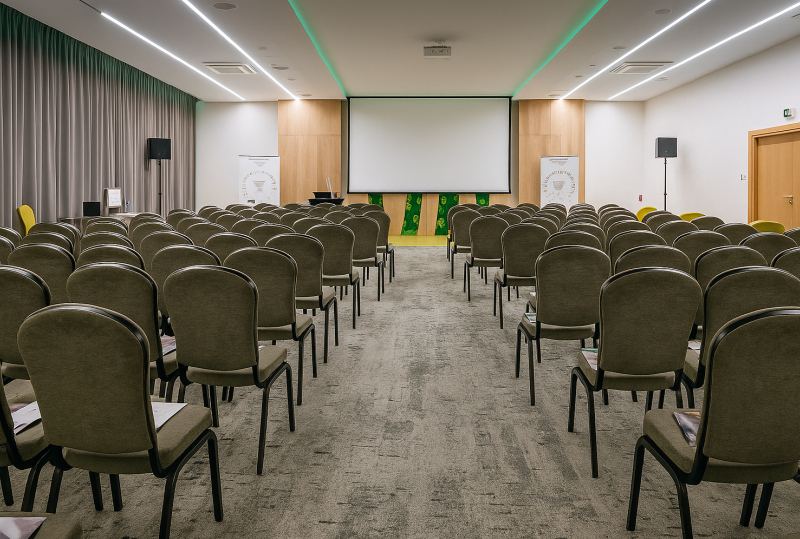 Geräumiger Hotel-Konferenzraum mit Reihenbestuhlung, großer Leinwand, Rednerpult, Lautsprechern und stimmungsvoller Beleuchtung.
