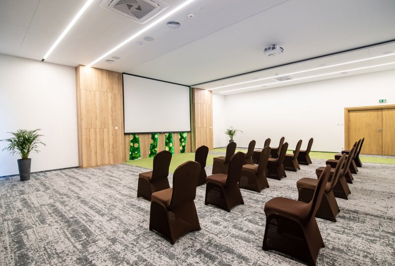 Hotelkonferenzraum mit Leinwand, Reihen braun bezogener Stühle, Deckenprojektor, Topfpflanzen und Teppichboden.