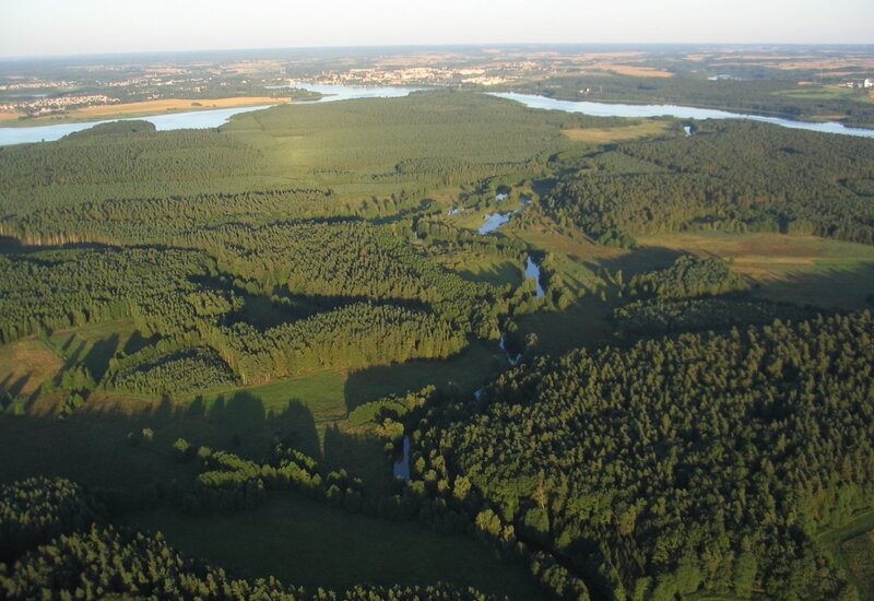 Luftaufnahme dichter Wälder mit geschlängeltem Bach und fernen Seen, Feldern und Ort am Horizont im warmen Abendlicht