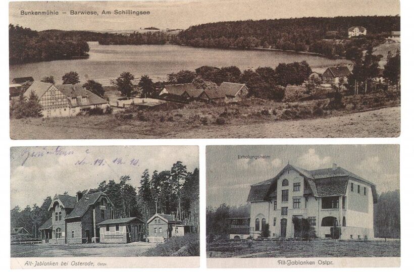 Panoramablick auf Seeufer mit Fachwerkhäusern und zwei historischen Gästevillen am Waldrand