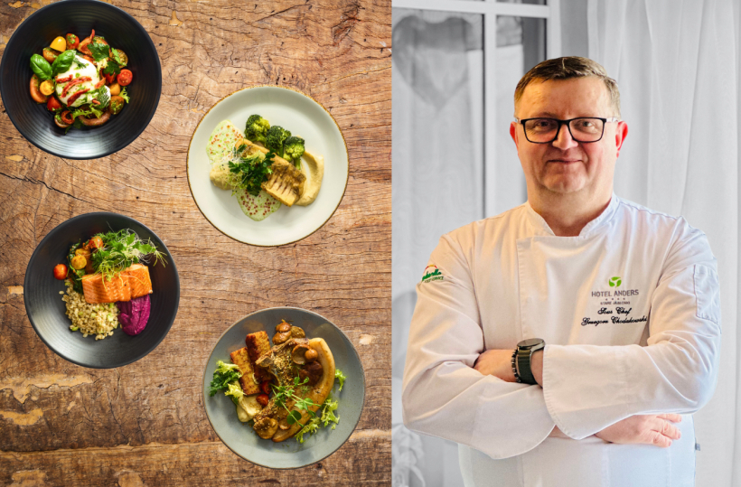 Vier kunstvoll angerichtete Gerichte (u. a. Lachs und Gemüse) auf rustikalem Holztisch, daneben ein lächelnder Küchenchef in weißer Hoteluniform, verschränkte Arme.
