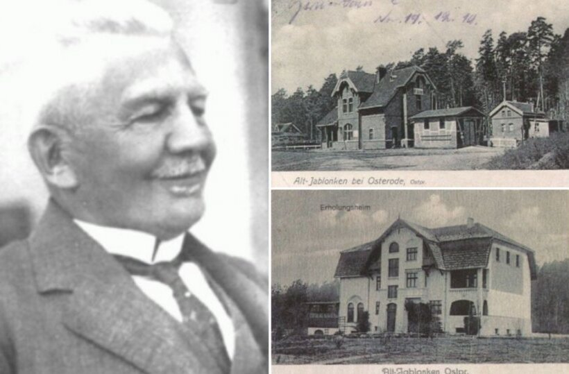 Lächelndes Porträt eines älteren Mannes neben zwei historischen Postkartenansichten eines waldnahen Gästehauses und einer mehrstöckigen Villa mit Veranda