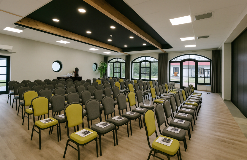 Conference room with theater-style rows of grey and lime chairs, arched windows, wood-beamed ceiling, refreshments and mic.