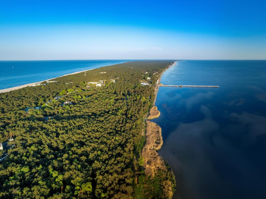 Long forested seaside peninsula with sandy beach, calm blue sea and a wooden pier—ideal for beachfront walks, nature stays and ocean-view rooms.