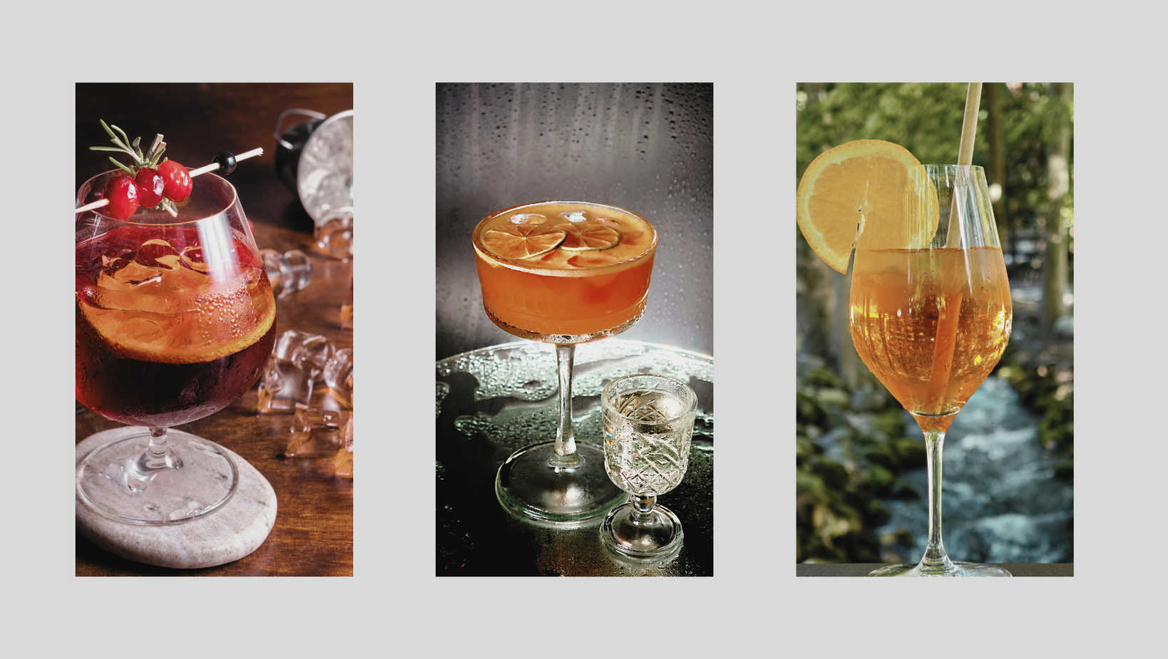 Tri koktaily: chladený brandy pohár s plátkom pomaranča a špízom brusníc; citrusové coupe so sušenou limetkou; spritz v štýle Aperol s plátkom