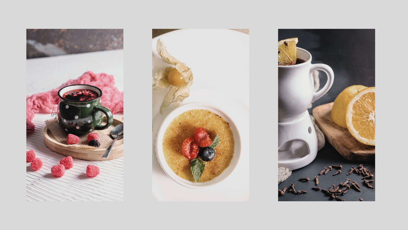 Trojitá prezentácia: bodkovaný hrnček s bobuľovým čajom a malinami; crème brûlée s lesným ovocím; horúci citrónovo-klinčekový nápoj.