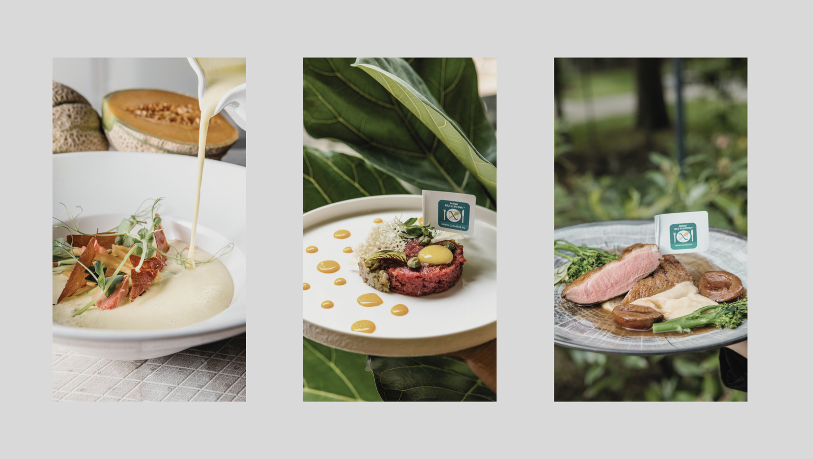 Krém z melóna nalievaný do misy; tatarák s prepeličím žĺtkom a kvapkami omáčky; plátky ružovej kačice s brokolicou.