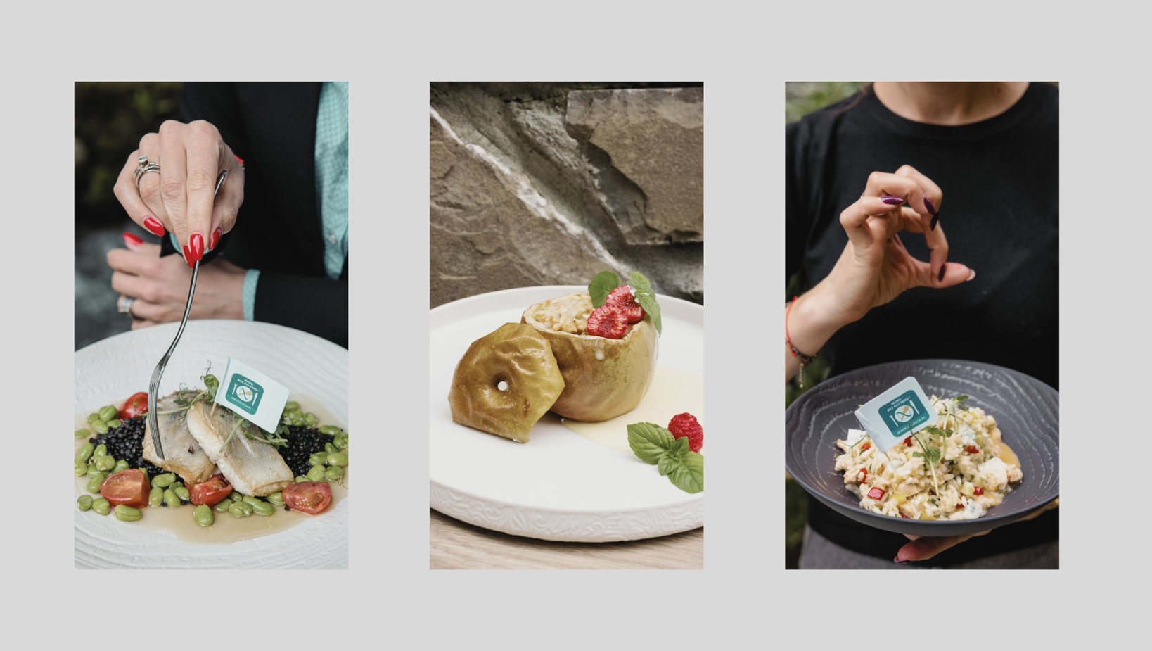 Tryptych: vľavo panvová ryba na šošovici a edamame s cherry paradajkami, uprostred pečené plnené jablko s malinami, vpravo krémový obilný šalát v ruke hosťa.