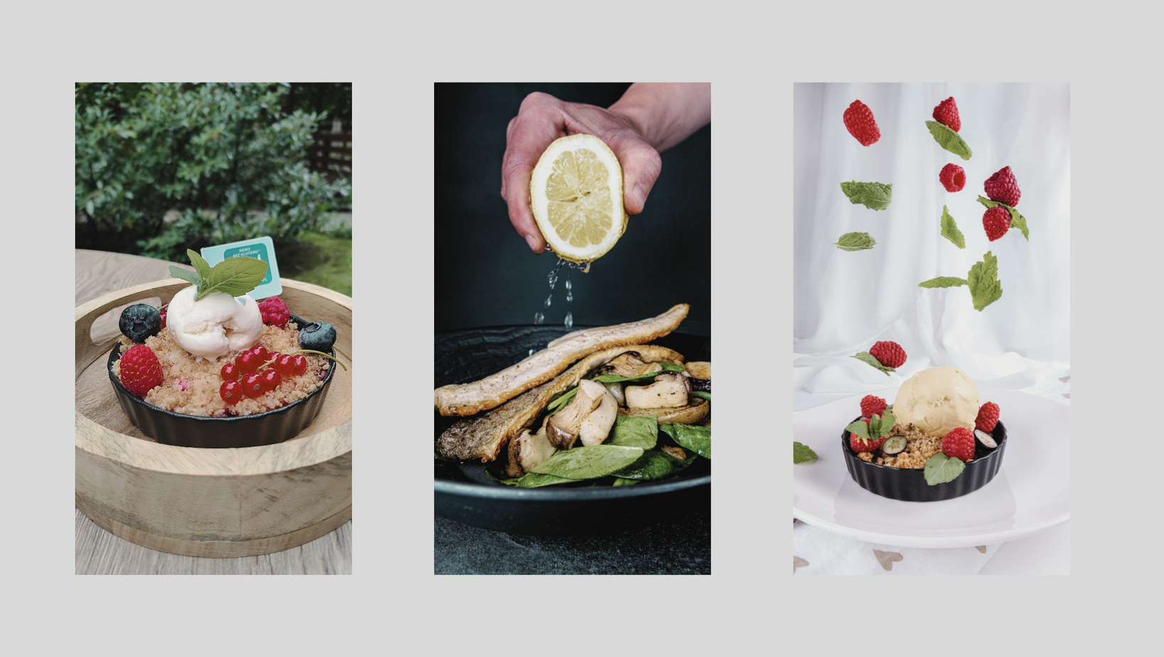 Tri vertikálne snímky jedál: dva ovocné crumble so zmrzlinou a mätou a pečená ryba s hubami pokvapkaná citrónom.