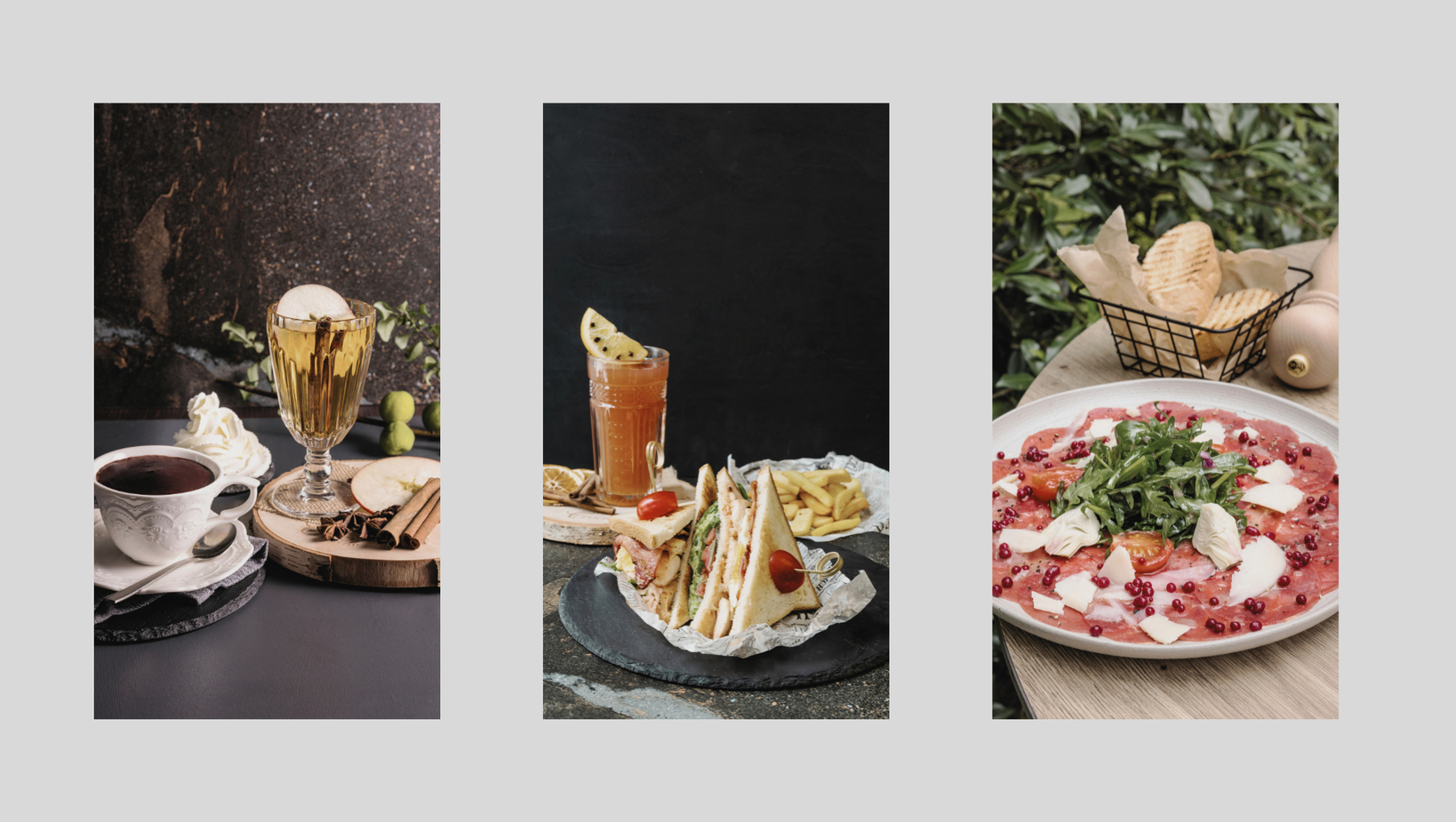 Horúca čokoláda so šľahačkou a koreneným dezertom v pohári; klubový sendvič s hranolkami a ľadovým čajom; carpaccio s rukolou, syrom a opečeným chlebom.