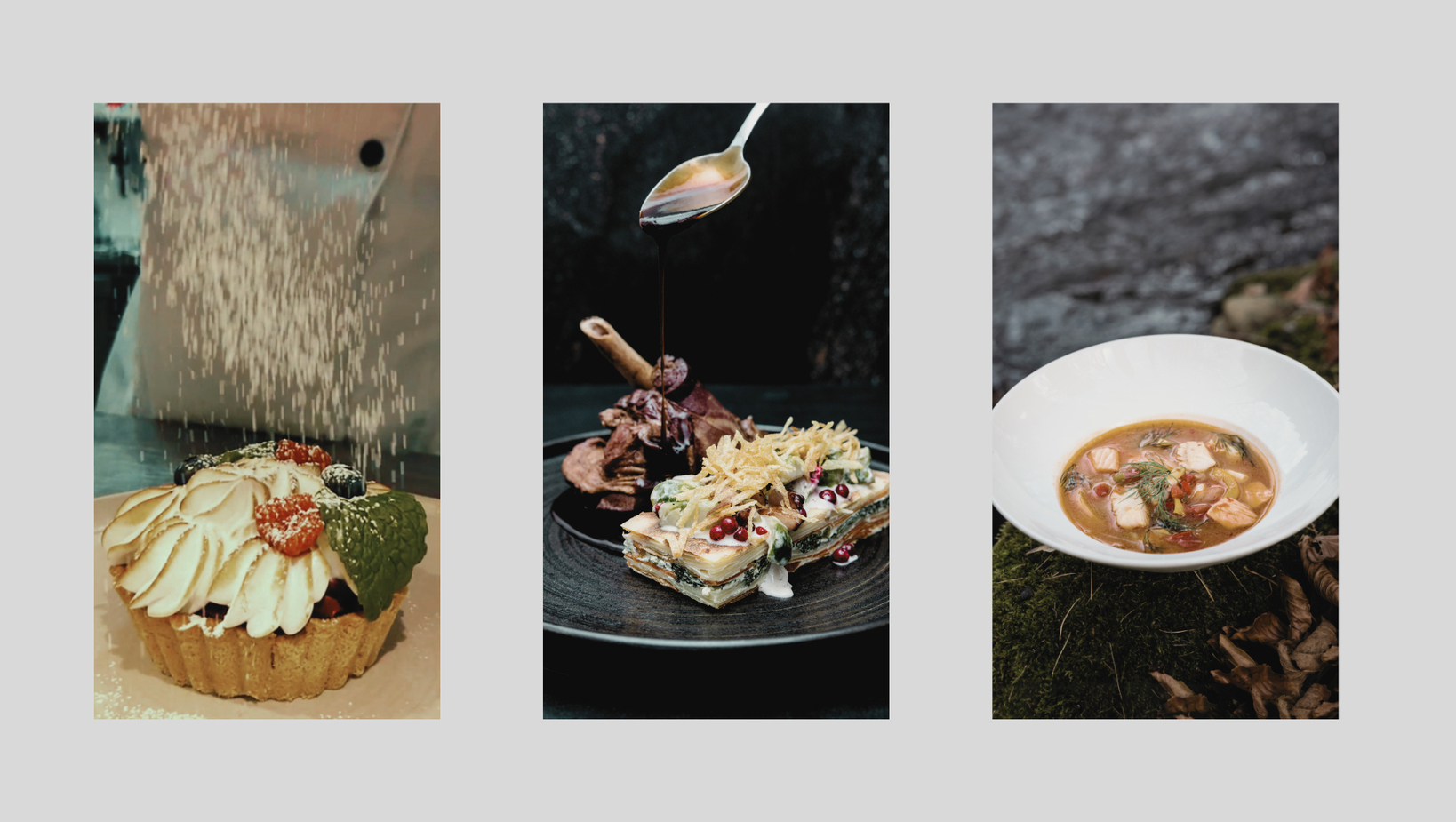 Tri jedlá: ovocný koláč posypávaný cukrom; pečené mäso s vrstveným terinom a omáčkou; rybia polievka v bielej mise na machu