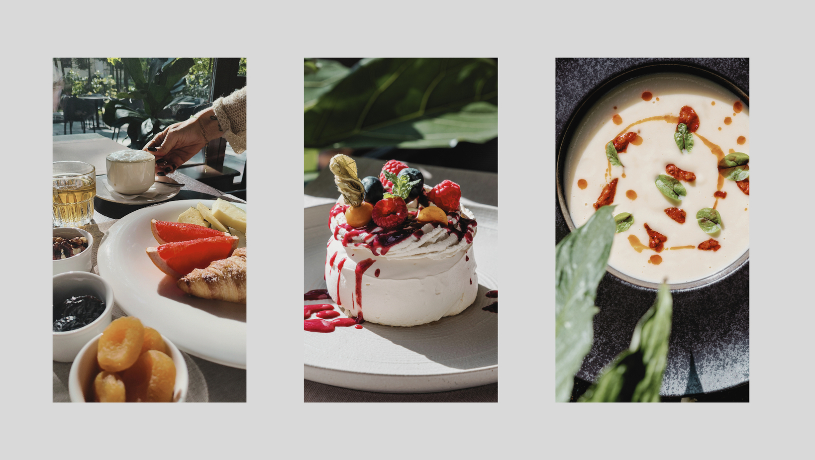 Hotelové trio jedál: slnečné raňajky s croissantom a cappuccinom, pusinkový dezert s ovocím, krémová polievka s bylinkami.