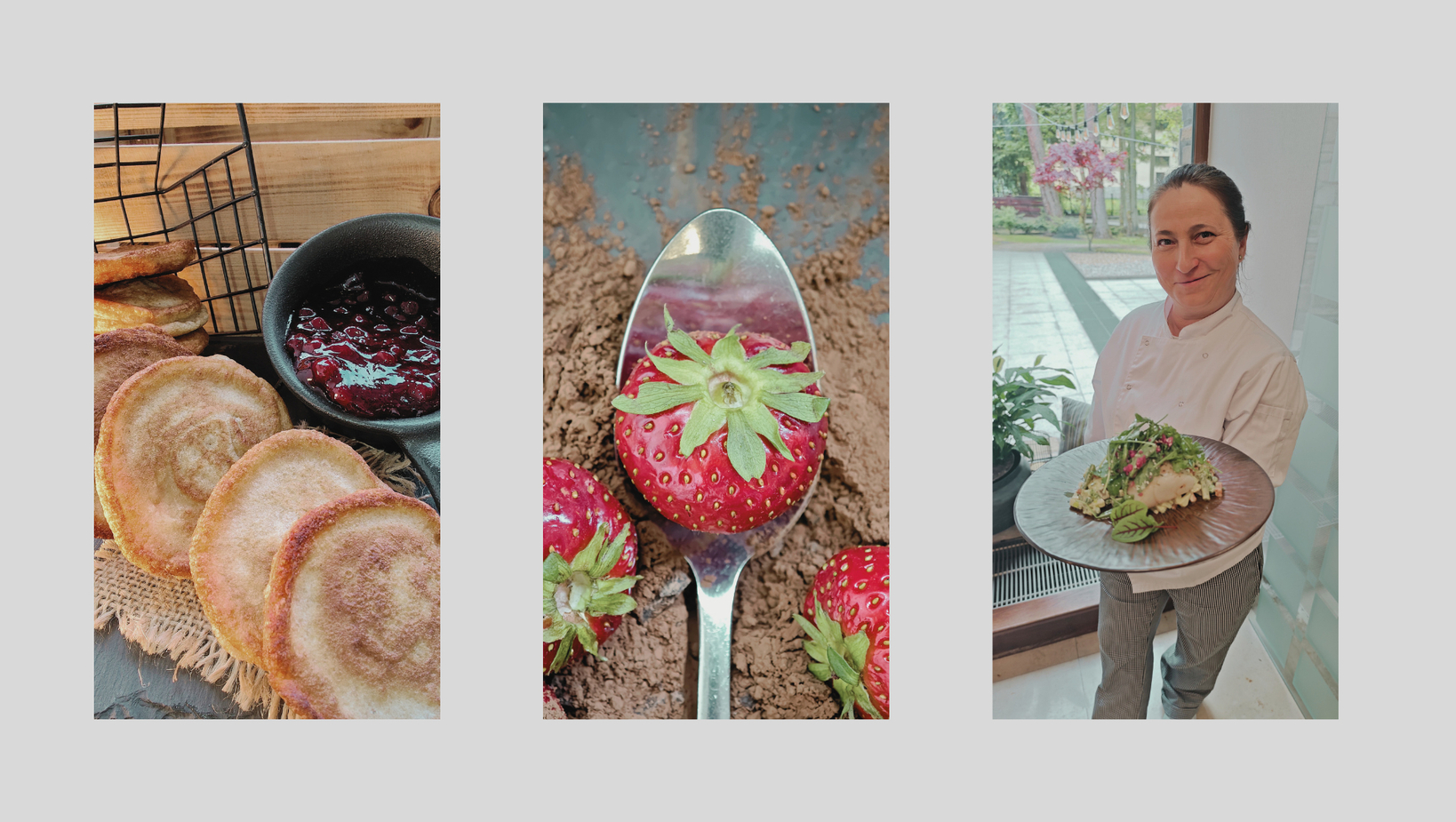 Tryptych: zlaté lievance so džemom; detail jahody na lyžici na kakau; usmiata šéfkuchárka nesie tanier šalátu