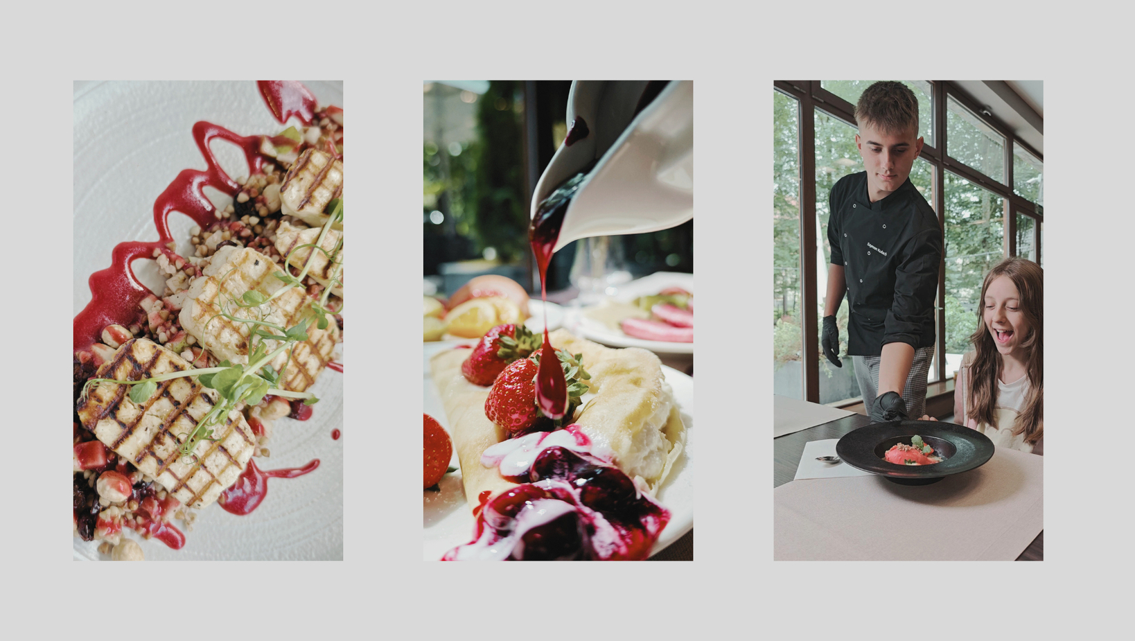 Tri gastronomické zábery: grilovaný syr s obilninami a ovocnou omáčkou; palacinka s jahodami; čašník podáva dezert usmievavej dievčine.