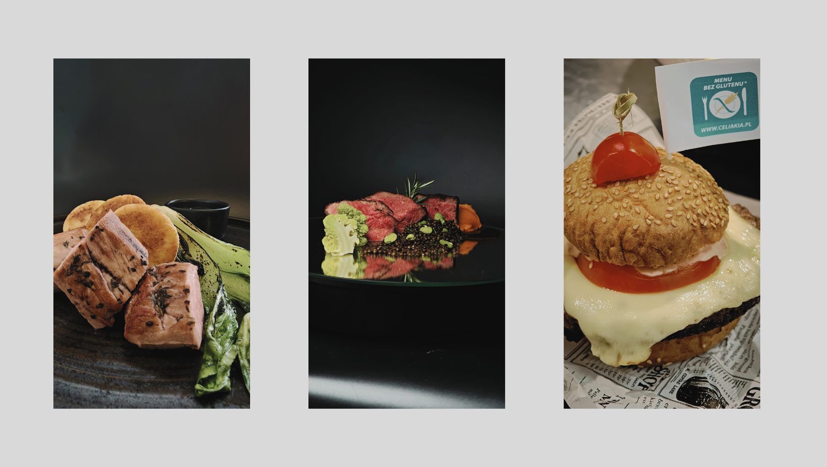 Tri servírované jedlá: opečený tuniak s grilovanou zeleninou, plátky krvavého hovädzieho na šošovici, bezlepkový cheeseburger so sezamovou žemľou a paradajkou.