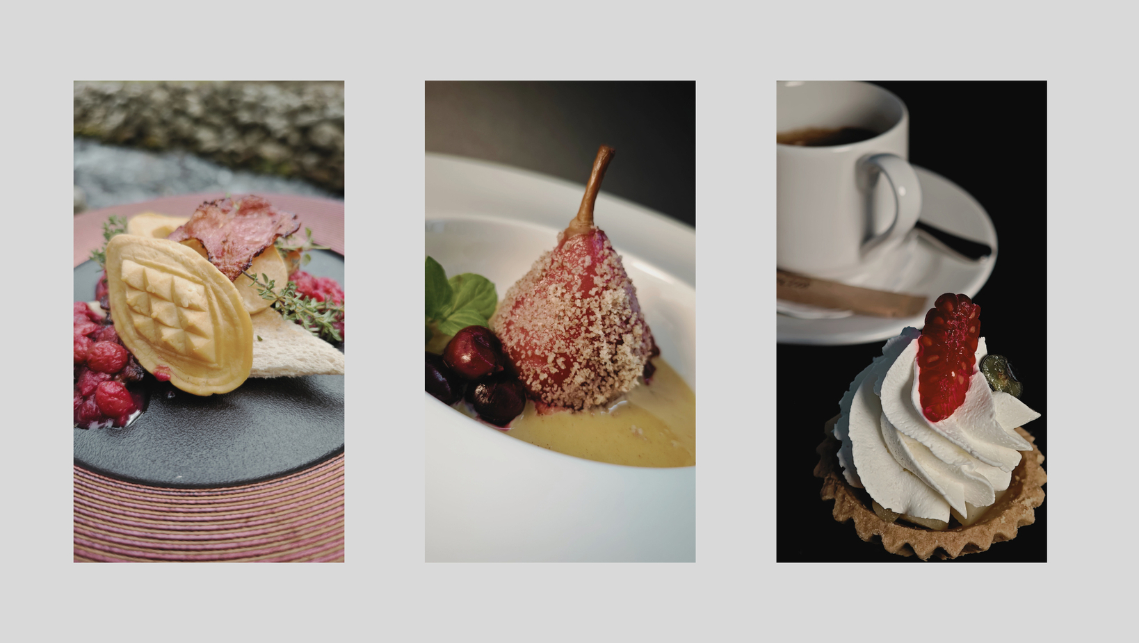 Tri dezerty: slaný lisovaný oplatok s údeninou a ovocným kompótom; hruška v drobcoch na kréme; malinová krémová tartaletka pri káve.