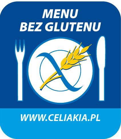 Menu bez glutenu dostępne — symbol certyfikatu celiakia.pl na talerzu z widelcem i nożem