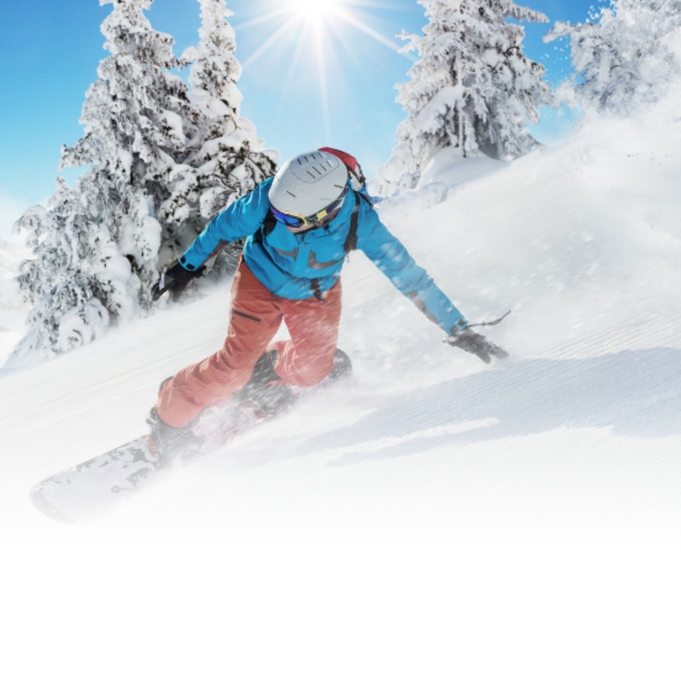 متزلج سنوبورد ينحدر عبر ثلج ناعم على منحدر مشمس بجانب أشجار مغطاة بالثلوج — نشاط شتوي في المنتجع.