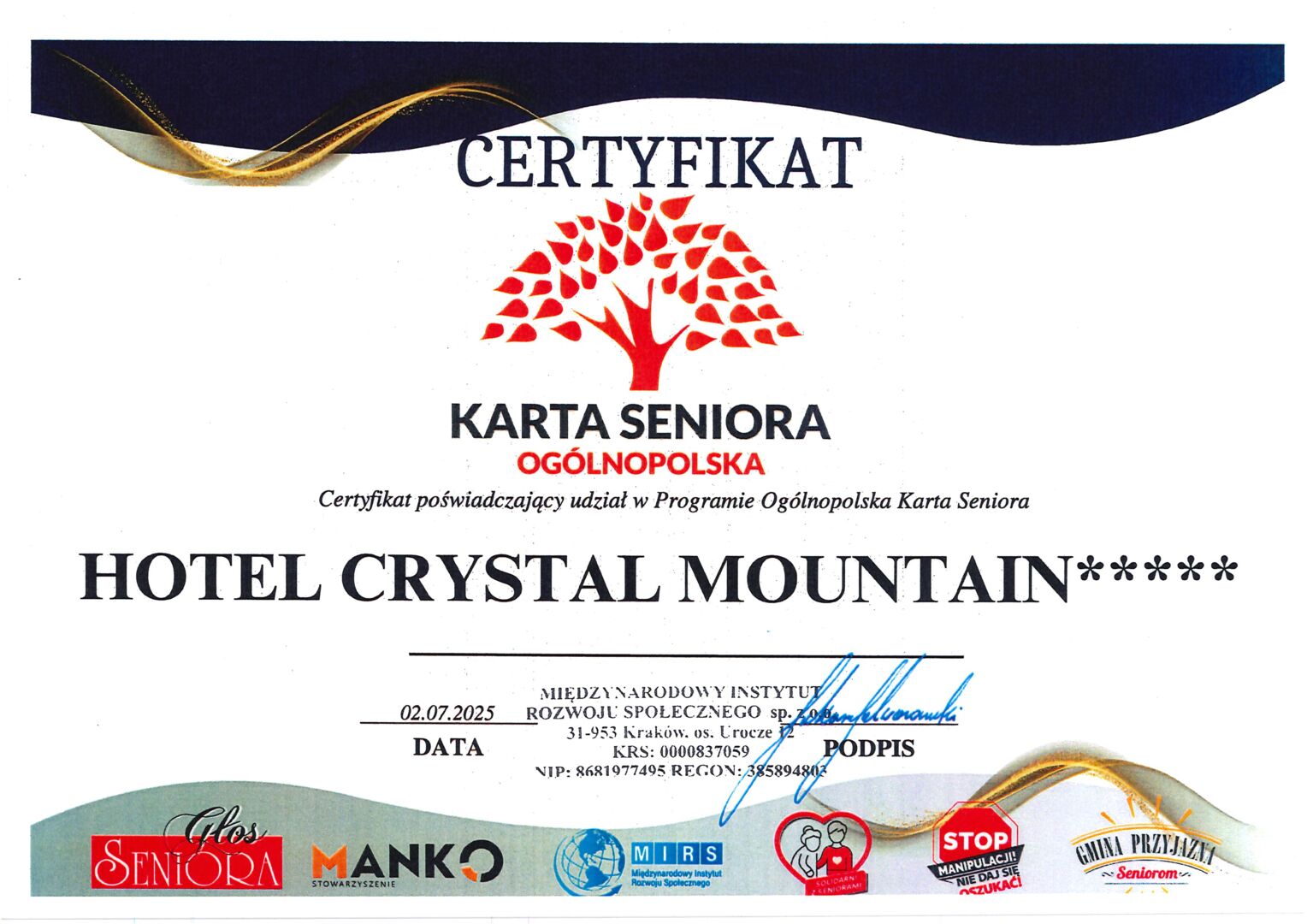 Hotel Crystal Mountain – certyfikat Ogólnopolskiej Karty Seniora