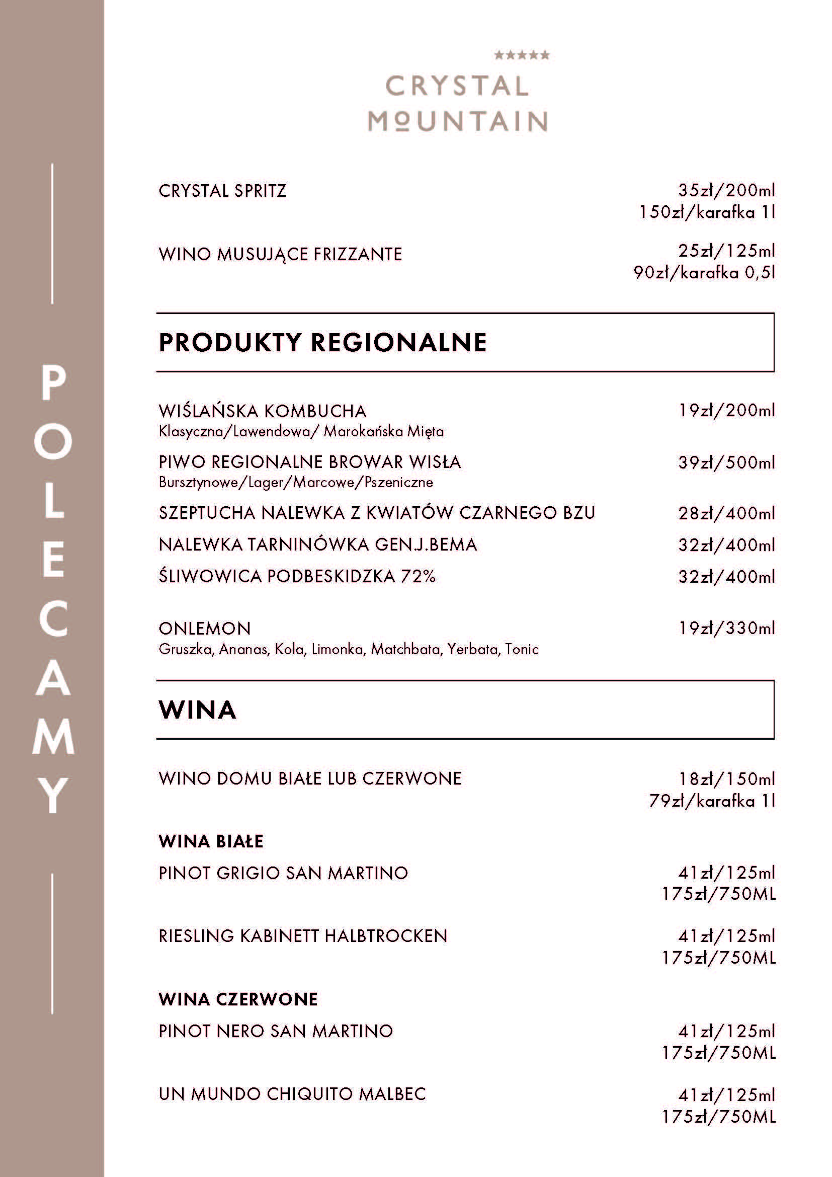 Menu napojów i alkoholi – sierpień 2025, Hotel Crystal Mountain