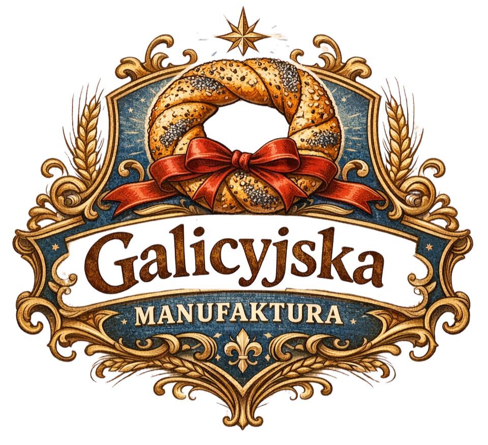 Ozdobne retro logo piekarni z warkoczem pieczywa posypanym makiem, czerwoną kokardą i kłosami, napis 'Galicyjska Manufaktura'.