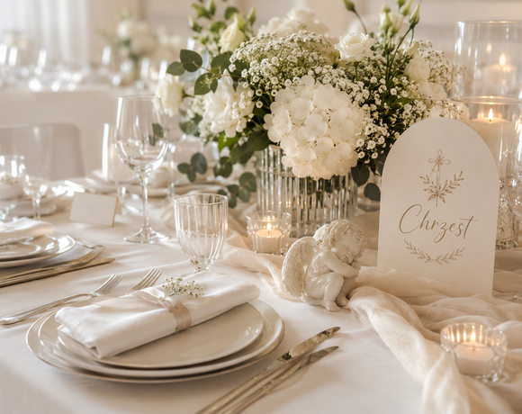 Elegancki biały stół na chrzciny z bukietem, świecami, porcelanowym aniołkiem i zastawą