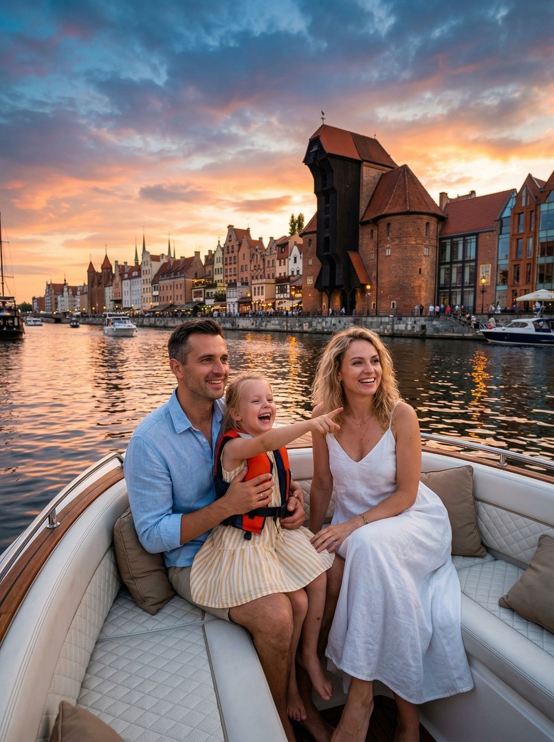 Familie bei Sonnenuntergang auf Bootstour vor historischem Ufer, Kind mit Schwimmweste zeigt, gemütliche Polstersitze und Hafenlichter.