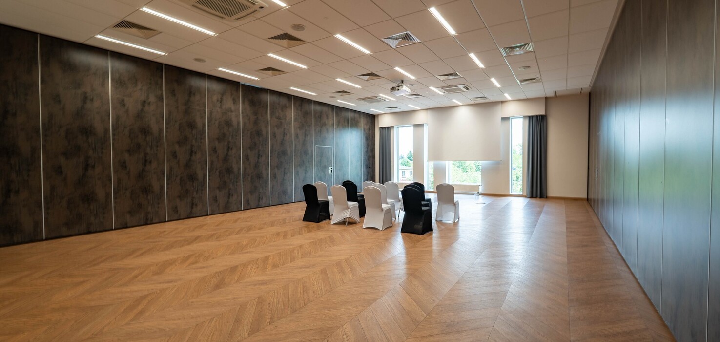 Przestronna sala konferencyjna hotelu z jodełkową podłogą, wpuszczanym oświetleniem, projektorem sufitowym i krzesłami przy oknach.