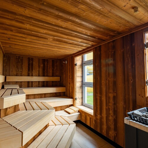 Wood-lined hotel sauna with tiered benches, stone heater and a window with a view