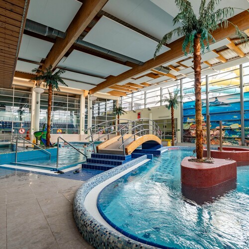 Indoor resort pool with lazy river, mosaic tiles, wooden ceiling, palms, bridge and colorful underwater mural.