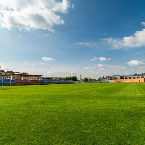 Well-kept football pitch with green grass, stands, running track and clubhouse under a bright sky.