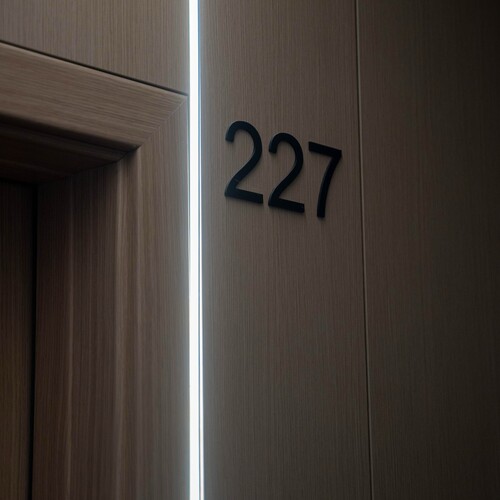Room 227 on a warm wooden wall with a narrow vertical LED strip, an elegant modern corridor detail