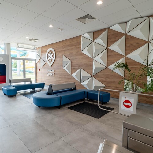 Modern sports facility lobby with blue seating, a geometric wall and views of slides.