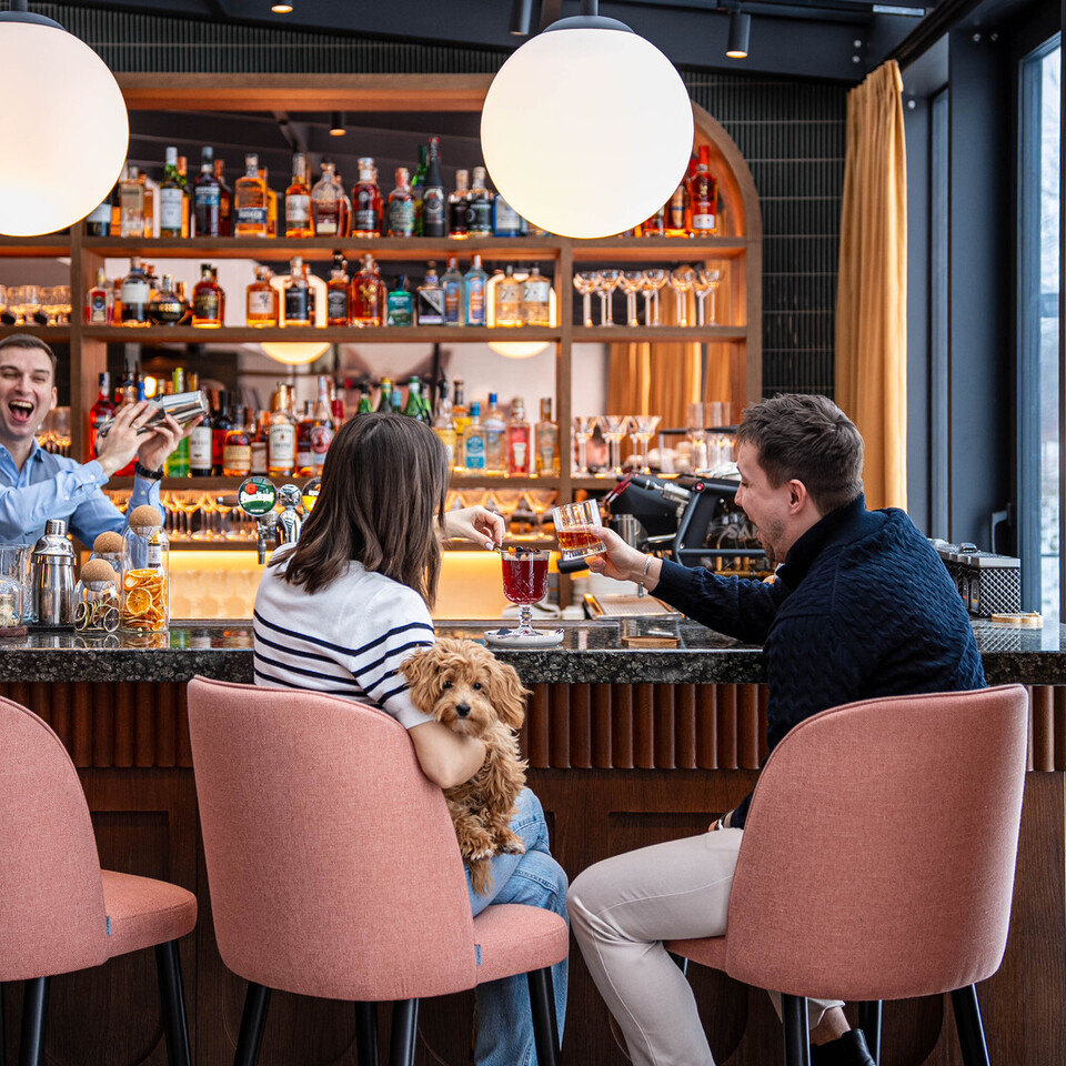 Przytulny bar hotelowy: para z pieskiem przy marmurowym barze pije koktajle, barman energicznie miesza drinki