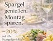 Weißer Spargel mit Sauce Hollandaise, Schinken, Kartoffeln und Zitrone auf blumigem Tisch, Weinglas und Hotel‑Logo.