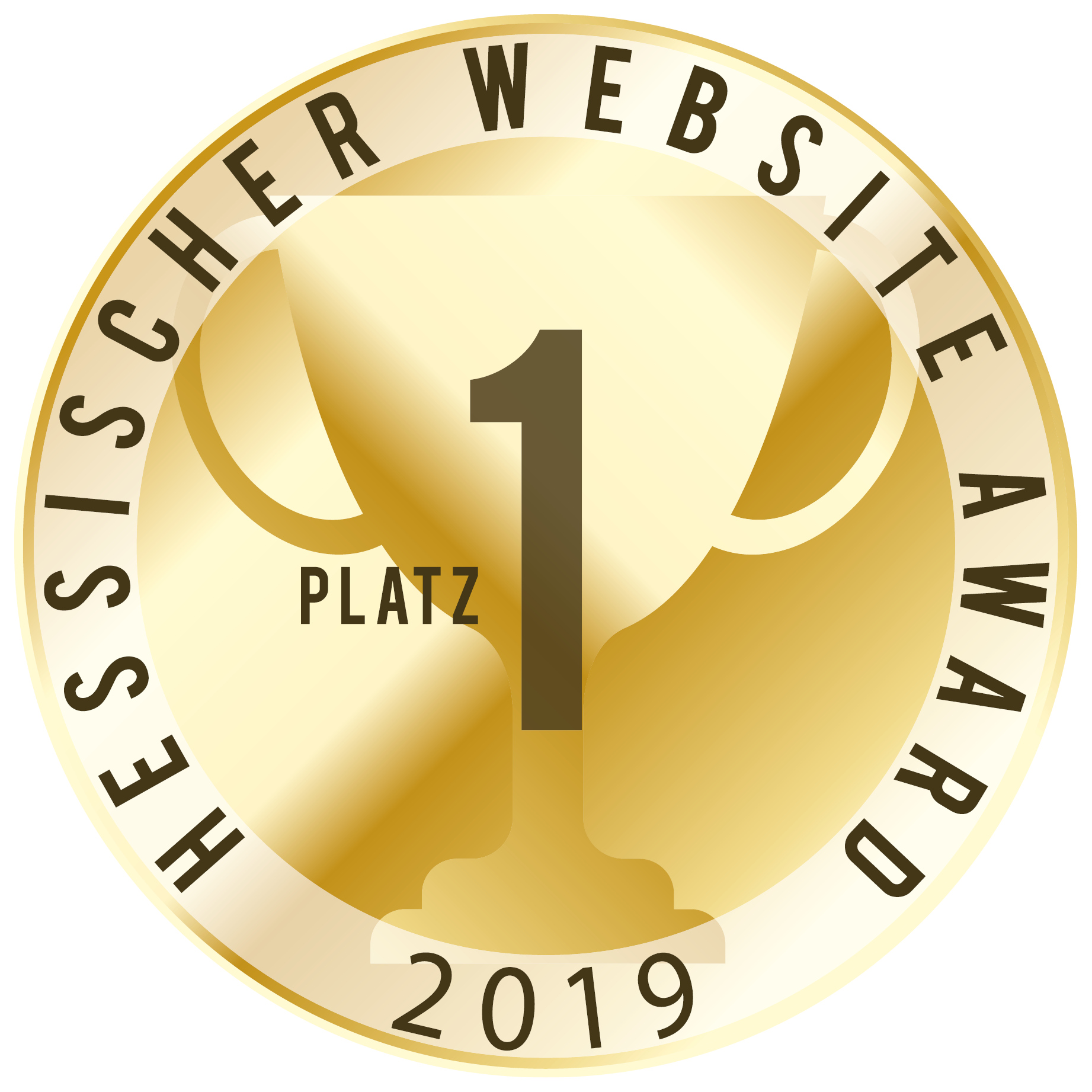 Gold medal badge with trophy icon and text '1 Platz', indicating first place in the 2019 FESSSISCHER Website Award