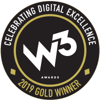 Gold W3 Awards badge featuring bold white W3 logo, black background, and gold text celebrating digital excellence