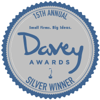 Silver winner badge for the 15th Annual Davey Awards featuring a minimalist design and muted blue tones