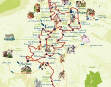Illustrierte Karte mit Reiserouten, Naturparks, Schlössern und kleinen Städten rund um Kassel und Marburg mit lokalen Figuren und Sehenswürdigkeiten.