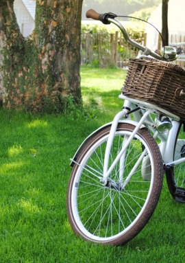 White vintage-style bike with wicker basket parked on green grass near large tree in sunny hotel garden