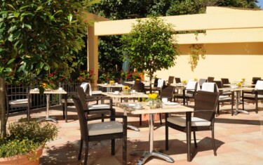 Sunny outdoor hotel terrace with wicker chairs, marble tables, sunflowers, and lush greenery for relaxed dining