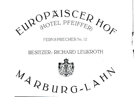 Logo des Hotels Europäischer Hof in Marburg-Lahn mit Name des Besitzers Richard Leukroth und Telefonnummer