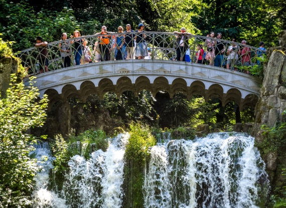 Gäste stehen auf einer dekorativen Steintreppe, blicken auf einen üppigen grünen Wald und einen darunter rauschenden Wasserfall